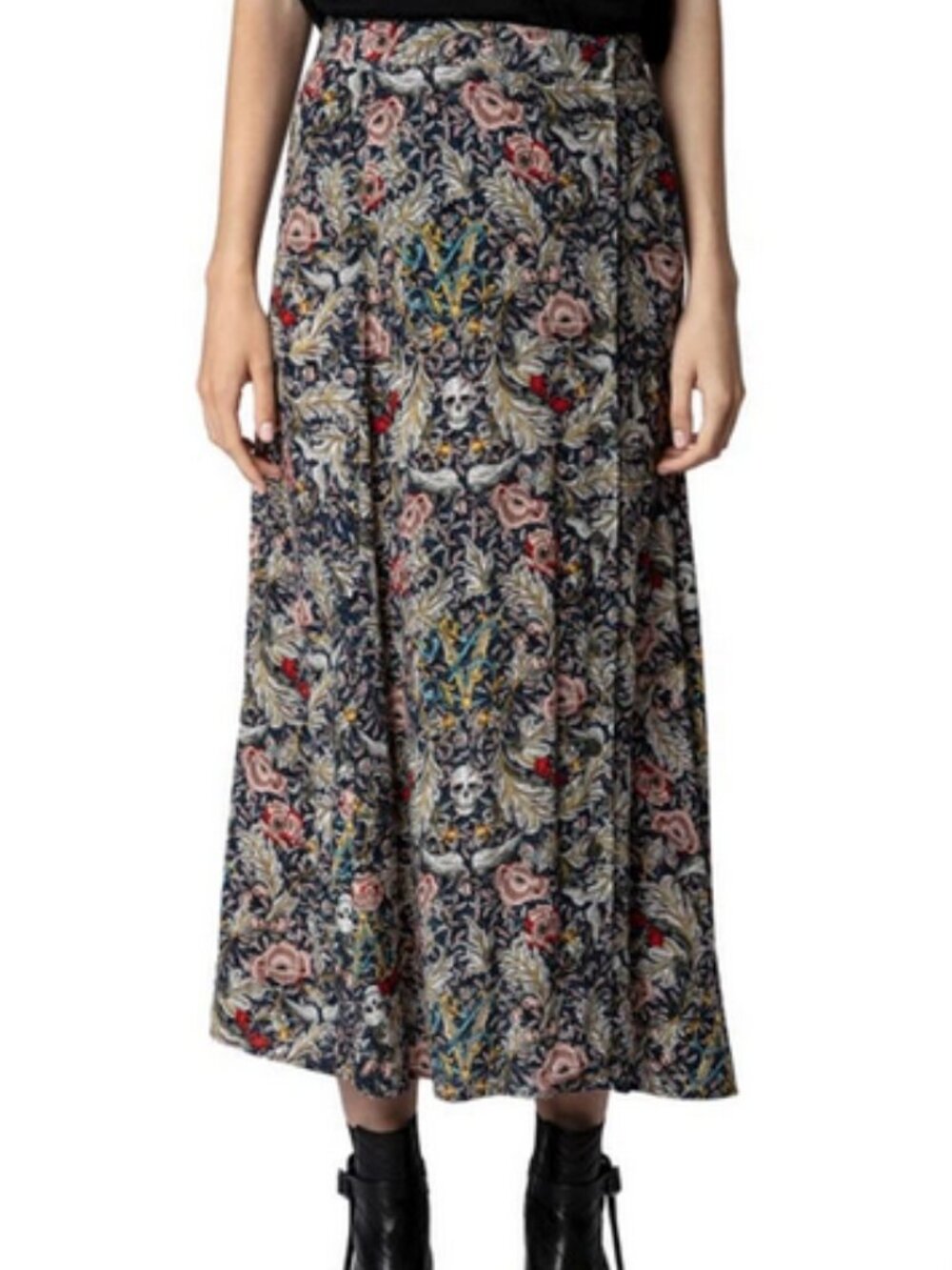 Zadig & Voltaire Jayla British Flowers Skull Midi Skirt Buttoned Whimsigoth M